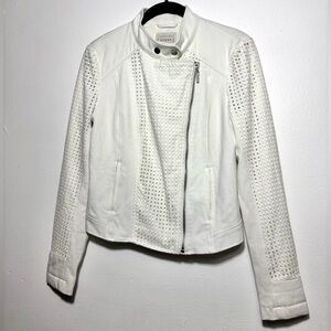 GUESS White Eyelet Ponte Lined Moto Jacket Size Small Zipper Accents
